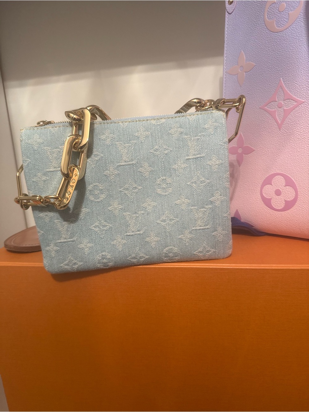 Louis Vuitton Light Blue Monogram Denim Mini Pochette with Gold Chain